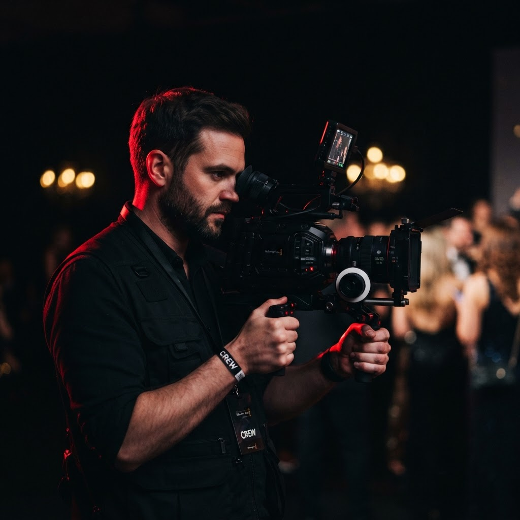 Videomaker profissional com câmera de cinema durante um evento